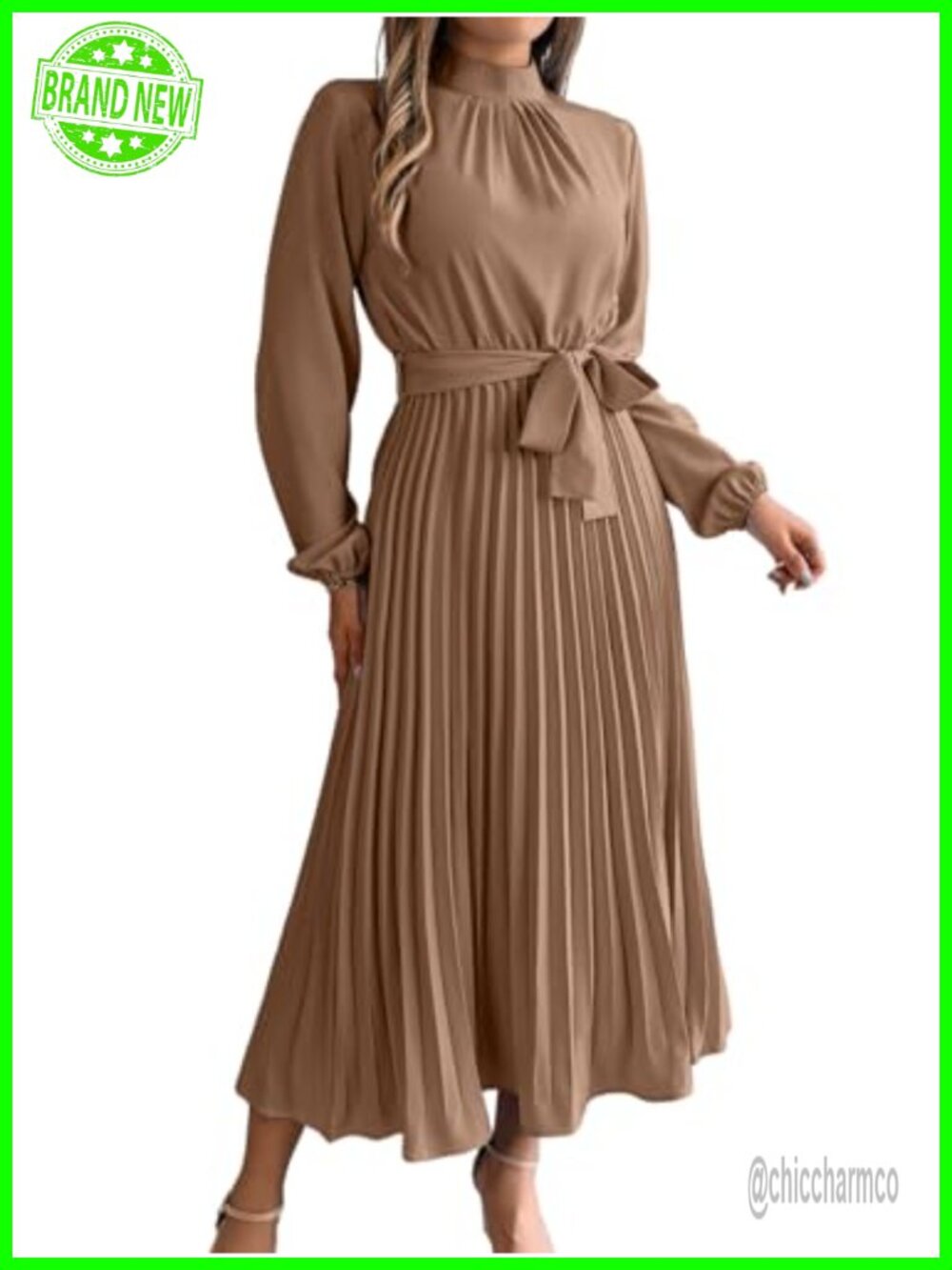 Modest Pleated Long Sleeve Maxi Dress Mock Neck Formal Church